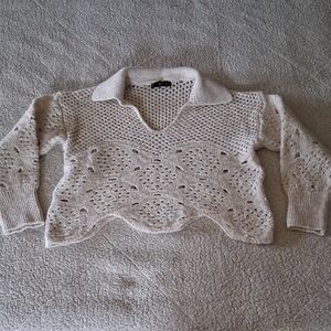 Mango Beige V-Neck Crochet Sweater
